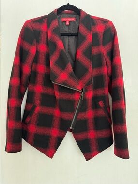 NWOT Saks Fifth Avenue Red and Black Plaid Asymmetric Zip Blazer
